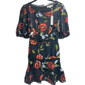 Olivaceous NWT Floral Short Sleeve Mini Knee Length Dress Crochet Insets‎ Size M